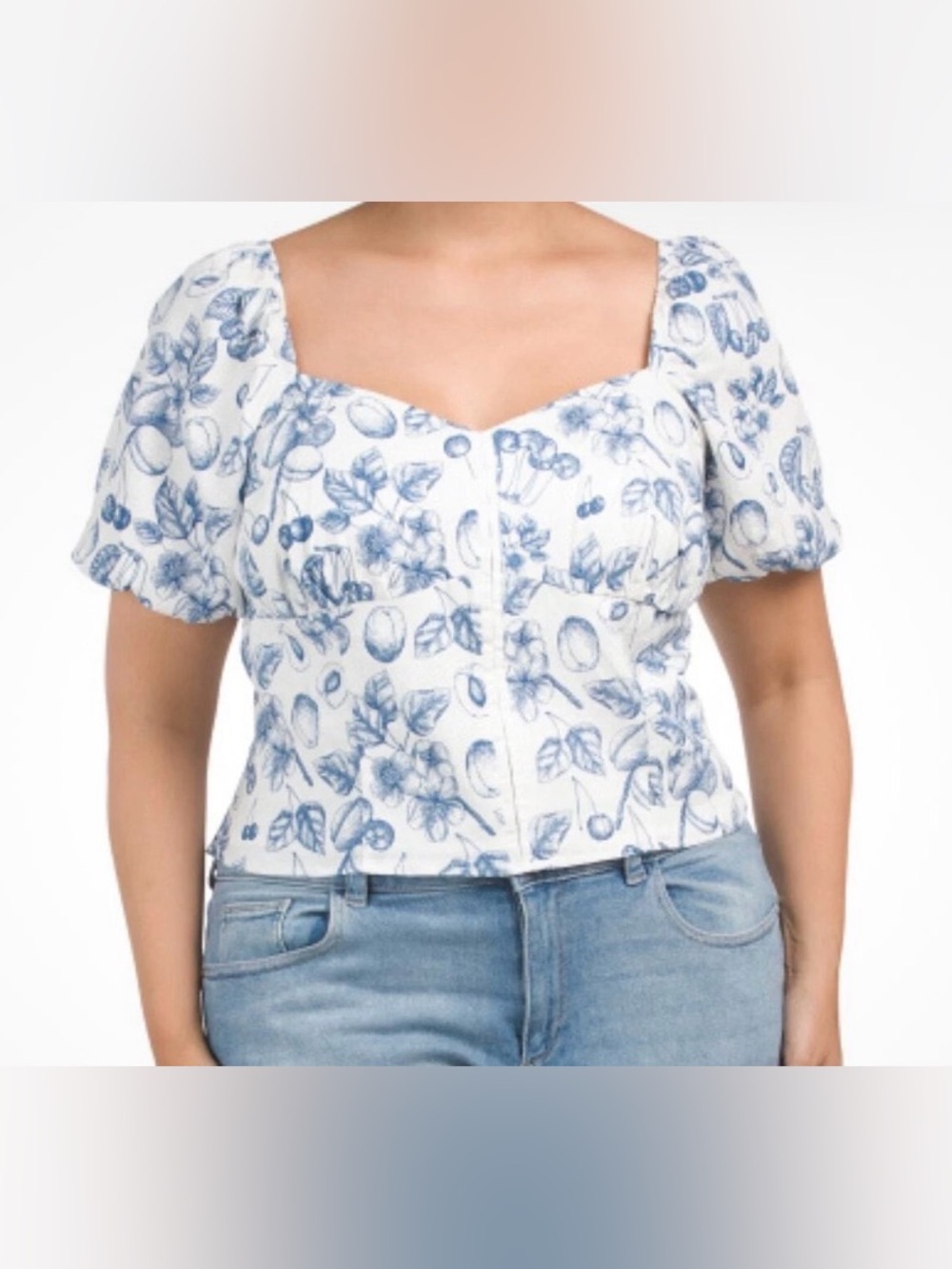 Rachel Zoe Linen Blend Blue Fruits Print Top Size 3x plus Cottagecore Puff